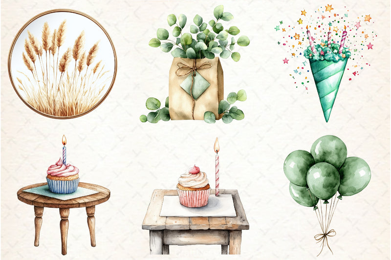 Boho Sage Green Birthday Clipart Bundle2 - CraftNest - Digital Crafting and Art