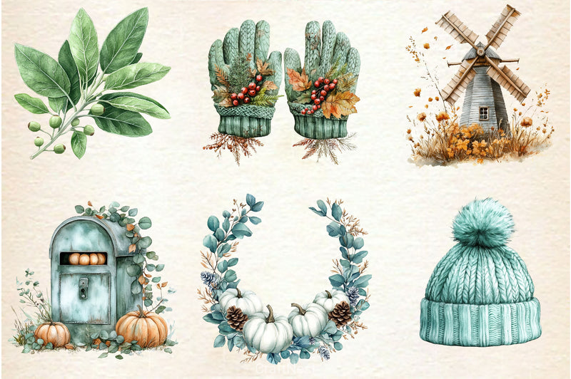 Mint Fresh Green Autumn Clipart Bundle 2 - CraftNest - Digital Crafting and Art