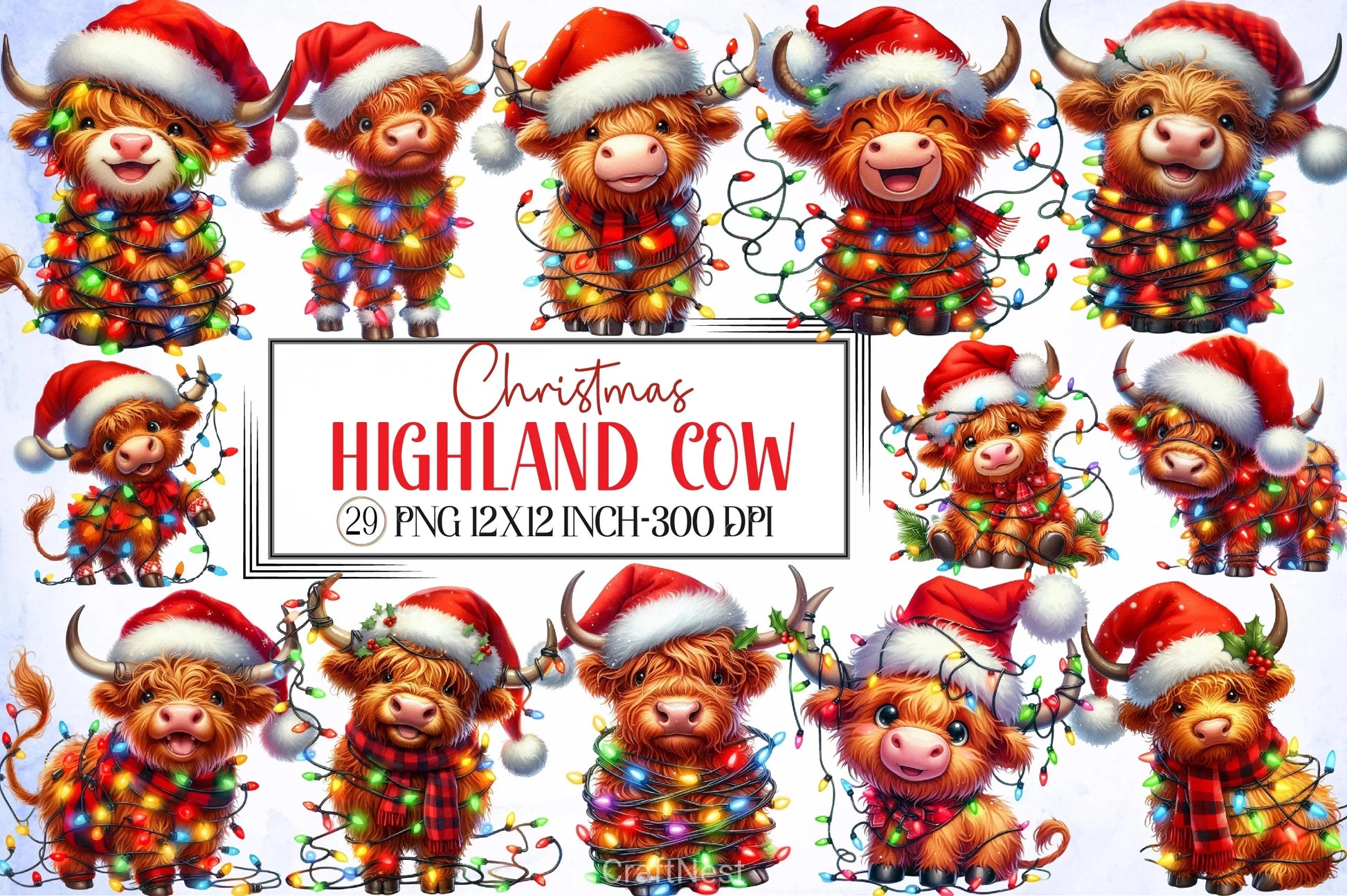 Cute Christmas Highland Cow Clipart - CraftNest - Digital Crafting and Art