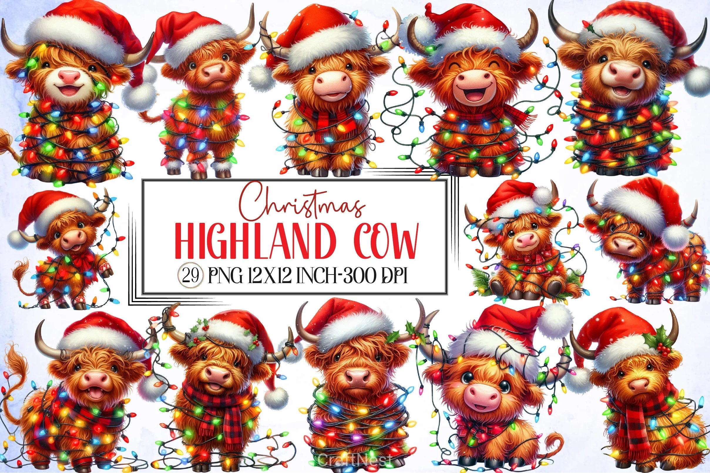 Cute Christmas Highland Cow Clipart - CraftNest - Digital Crafting and Art