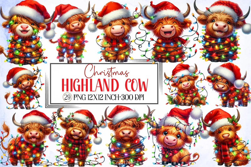 Cute Christmas Highland Cow Clipart - CraftNest - Digital Crafting and Art