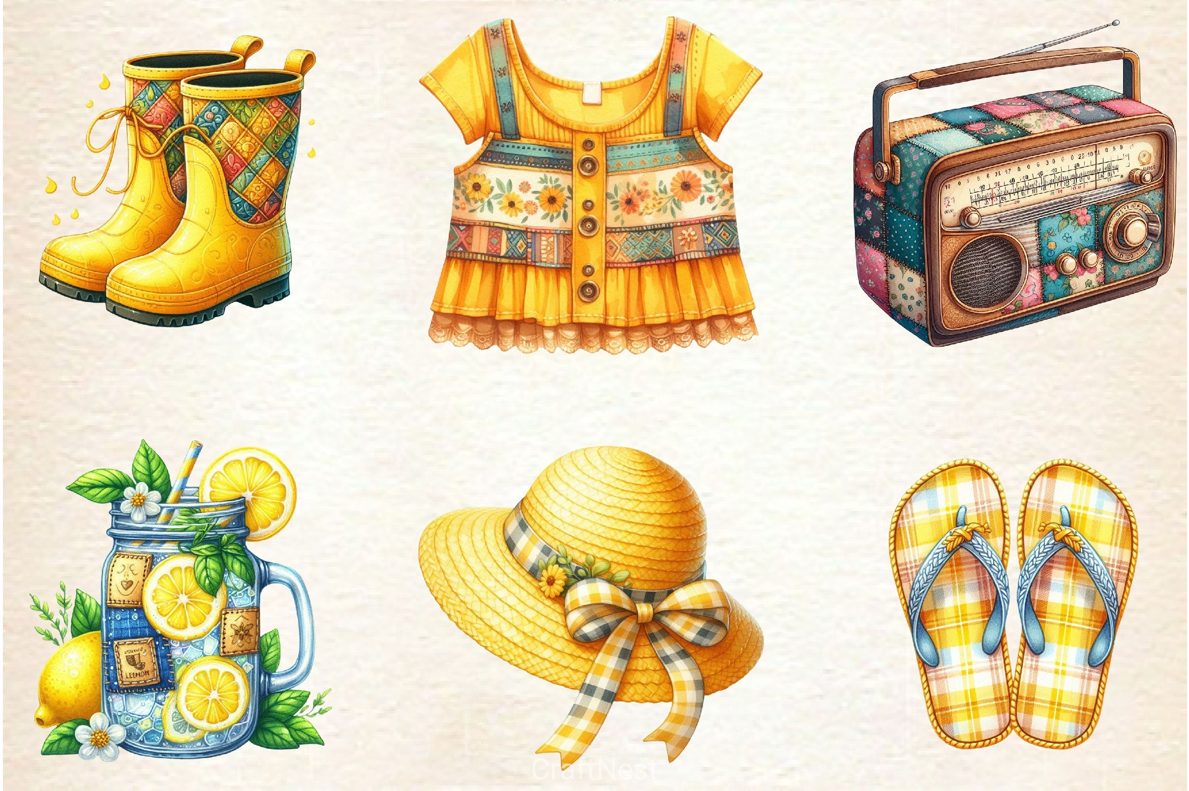 Yellow Patchwork Summer Clipart Bundle 3 - CraftNest - Digital Crafting and Art