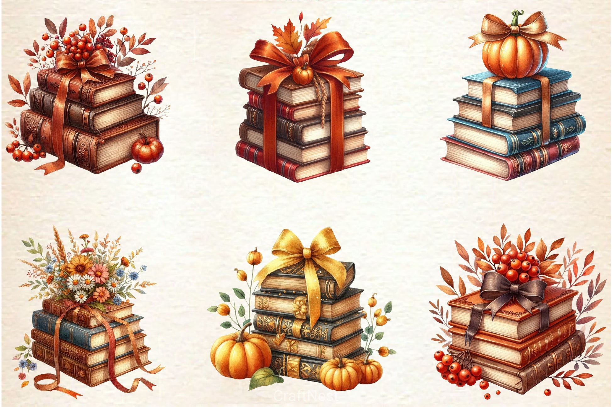 Autumn Bow Book Stack Clipart Bundle - CraftNest - Digital Crafting and Art