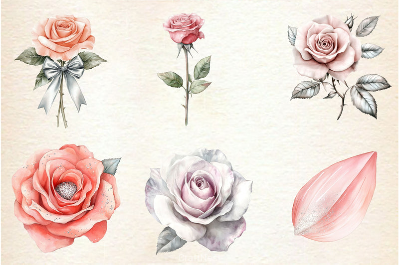 Blush And Silver Glam Roses Clipart Bundle - CraftNest - Digital Crafting and Art