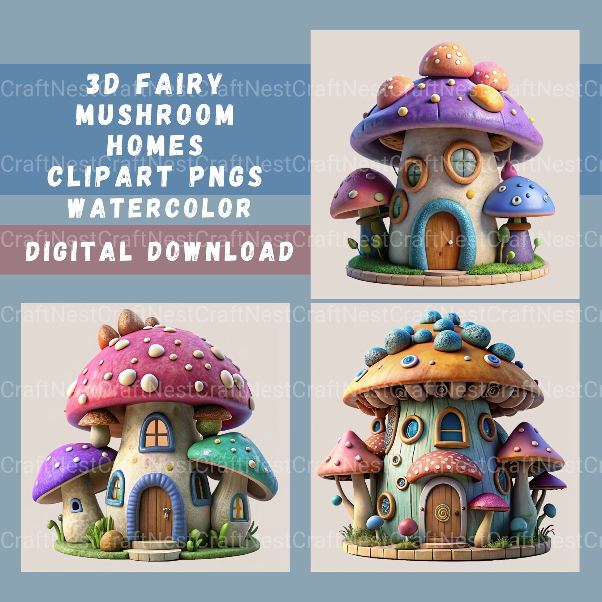 3D Mushroom Houses Clipart Bundle - CraftNest - Digital Crafting and Art
