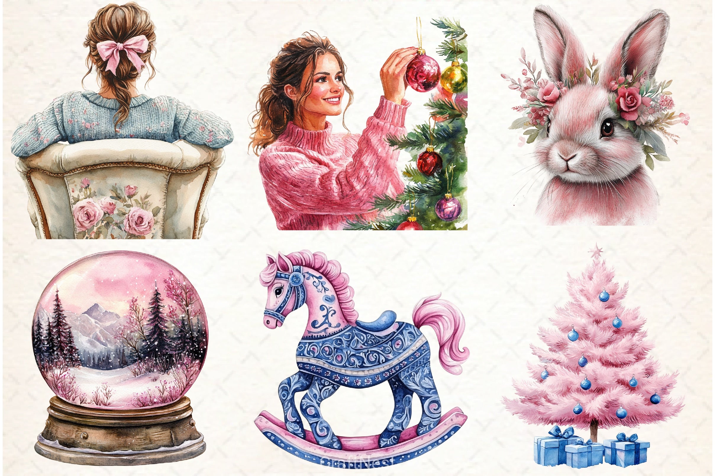 Pink Chinoiserie Christmas Clipart Bundle - CraftNest - Digital Crafting and Art