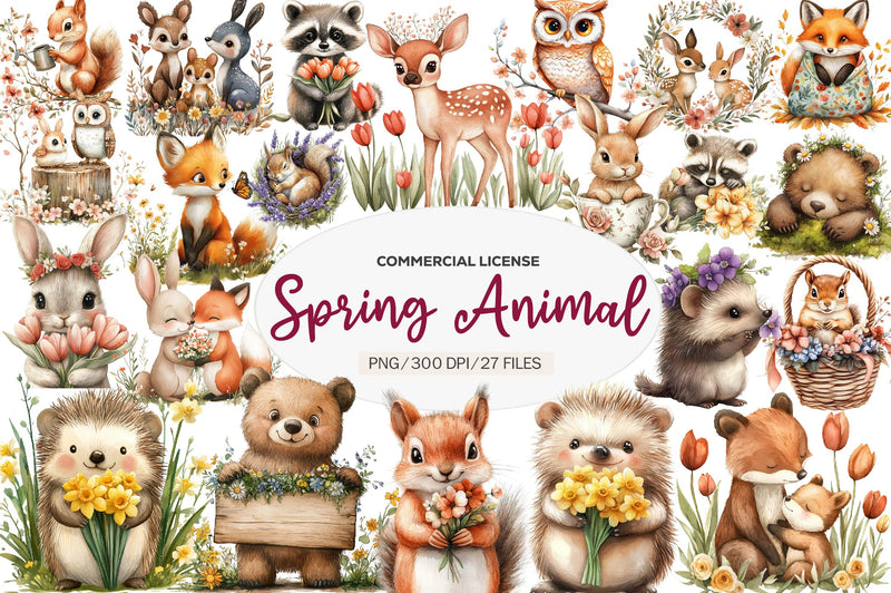 Woodland Spring Floral Cute Animal Clipart Bundle - CraftNest - Digital Crafting and Art