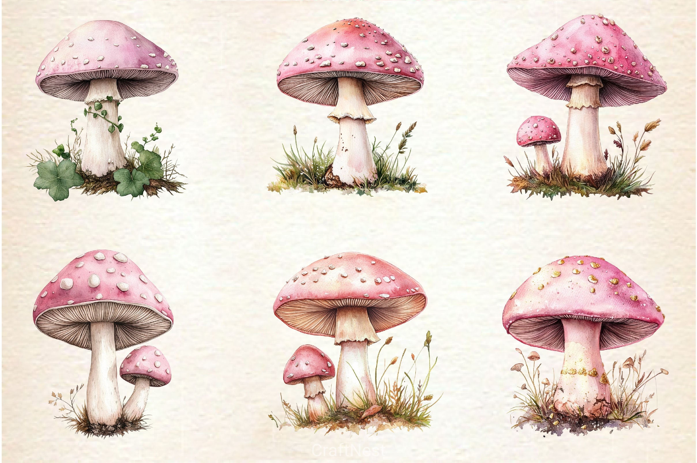 Charming Pink Mushrooms Clipart Bundle - CraftNest - Digital Crafting and Art