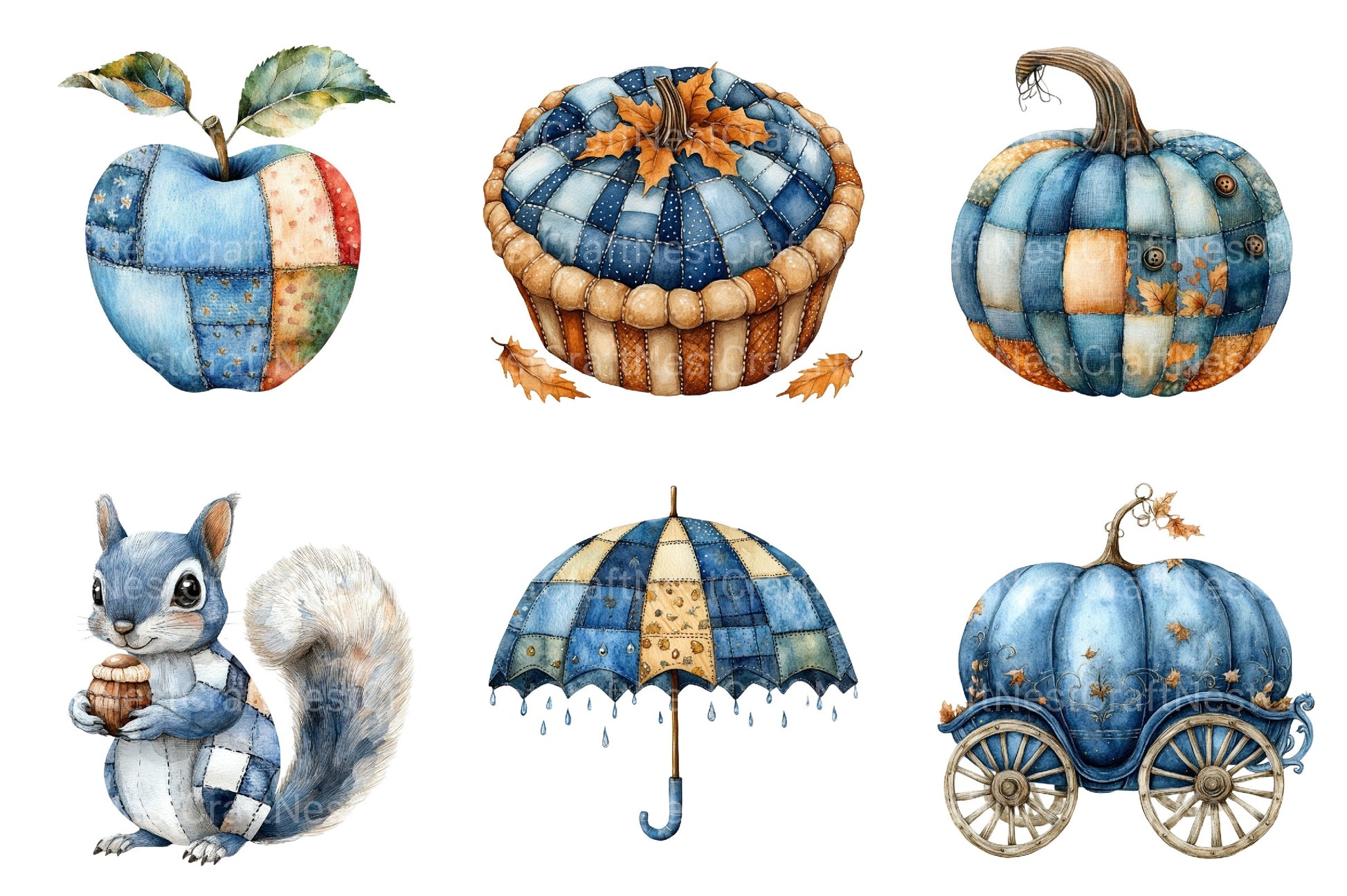 Blue Patchwork Autumn Clipart Set Bundle - CraftNest - Digital Crafting and Art