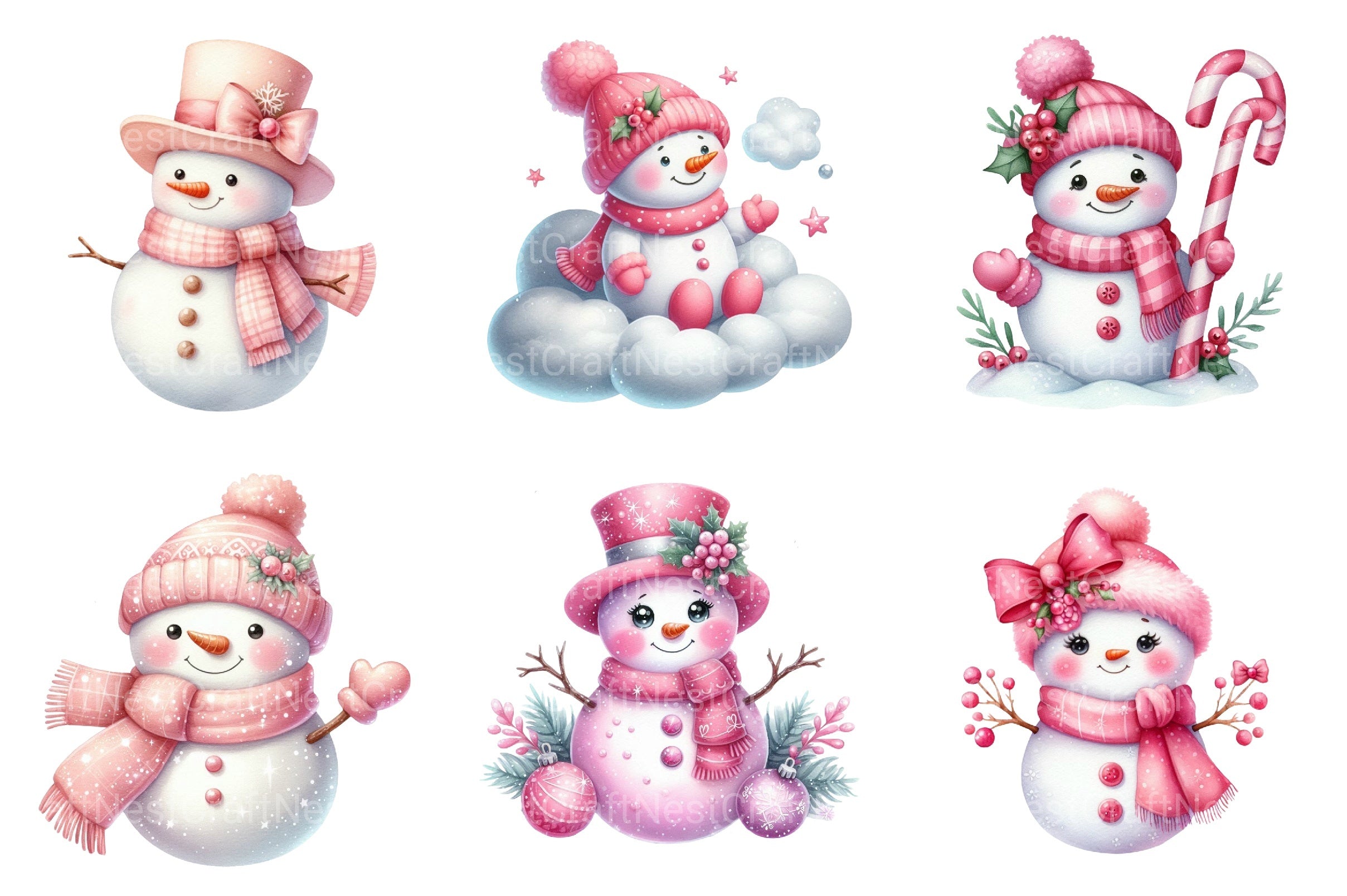 Festive Pink Snowman Christmas Clipart Bundle - CraftNest - Digital Crafting and Art