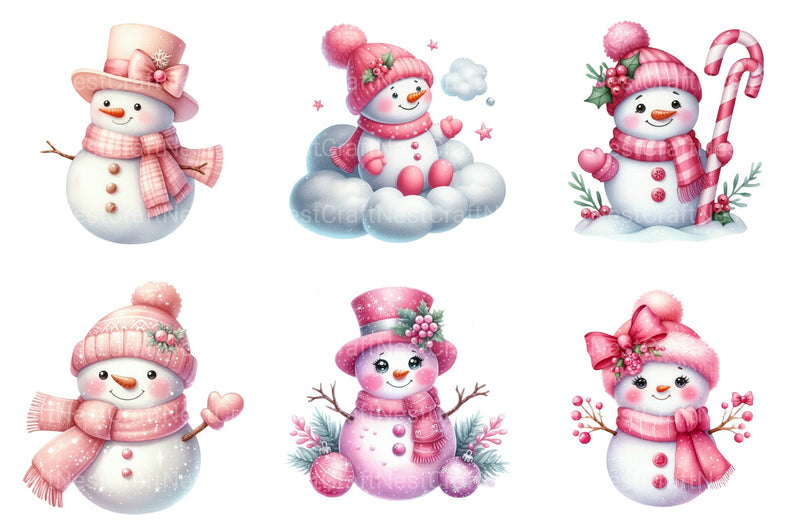 Festive Pink Snowman Christmas Clipart Bundle - CraftNest - Digital Crafting and Art