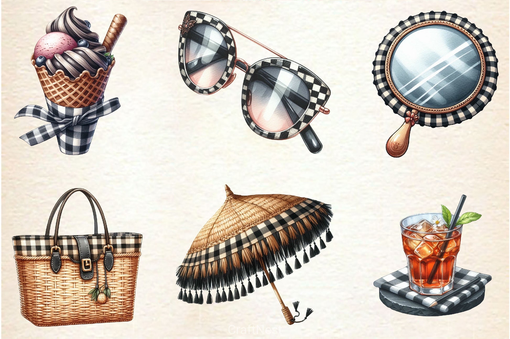 Luxury Black Gingham Summer Clipart Bundle - CraftNest - Digital Crafting and Art