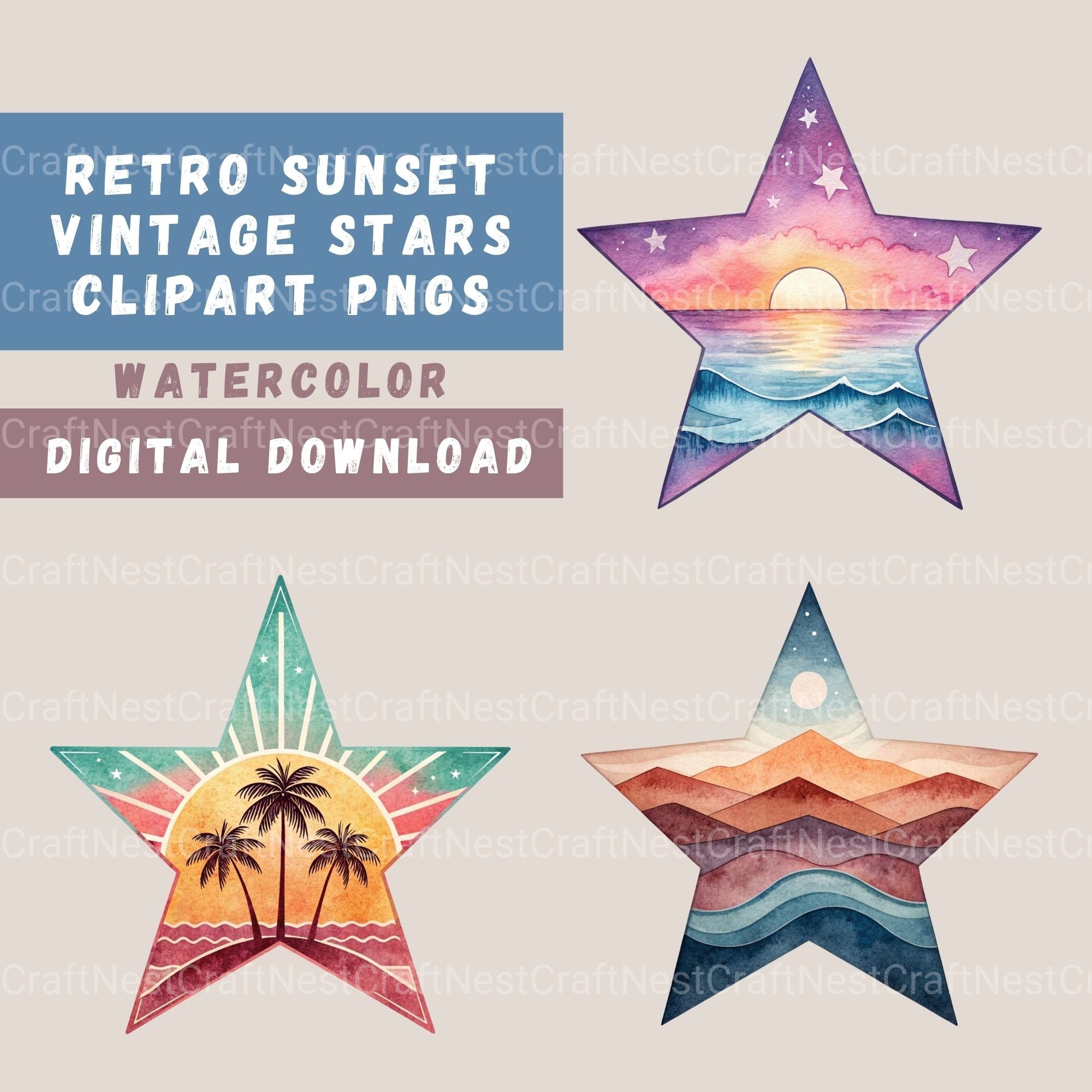 Retro Sunsets Star Clipart Bundle - CraftNest - Digital Crafting and Art
