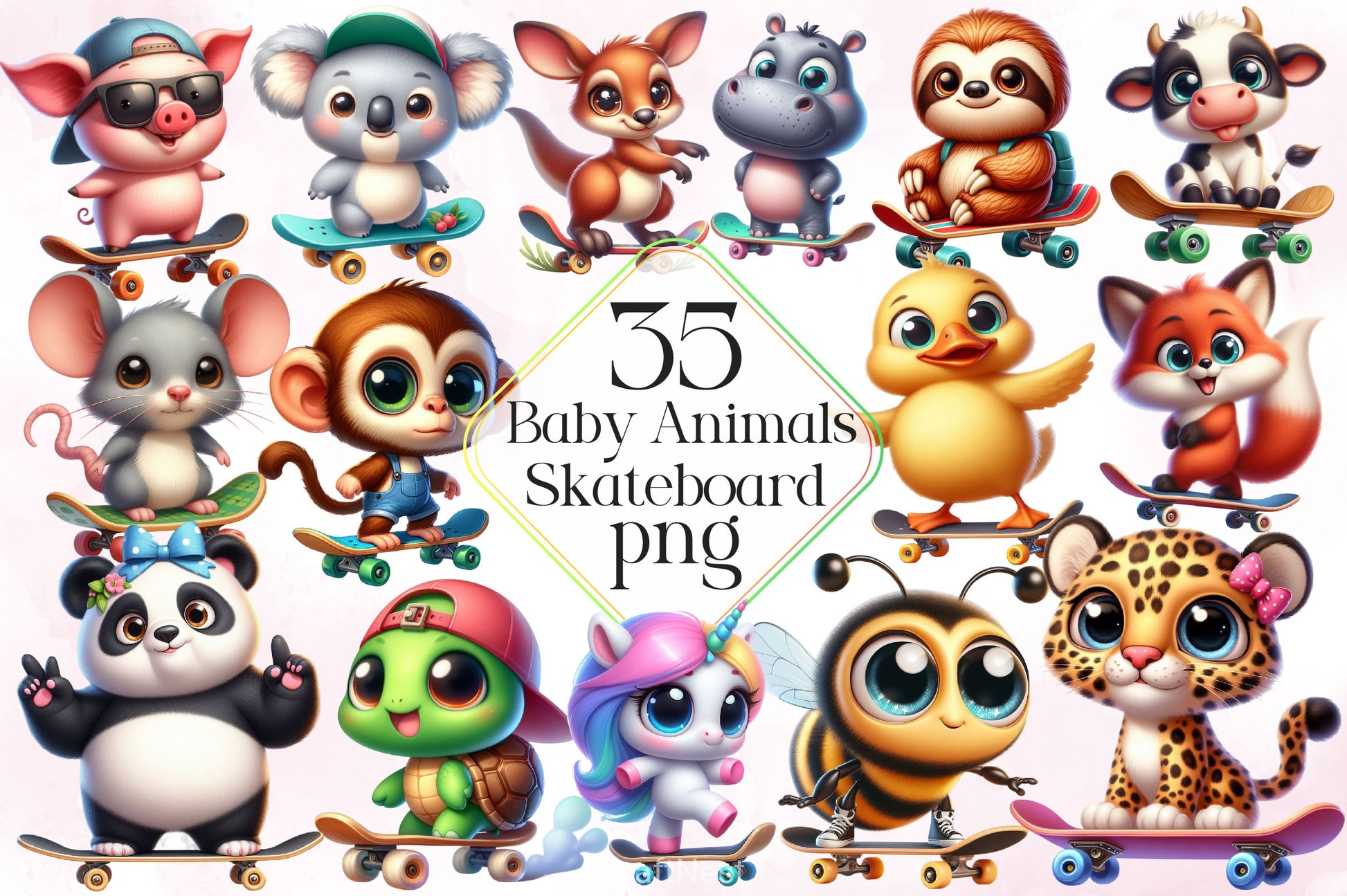 Cute Baby Animals Skateboard Clipart Bundle - CraftNest - Digital Crafting and Art