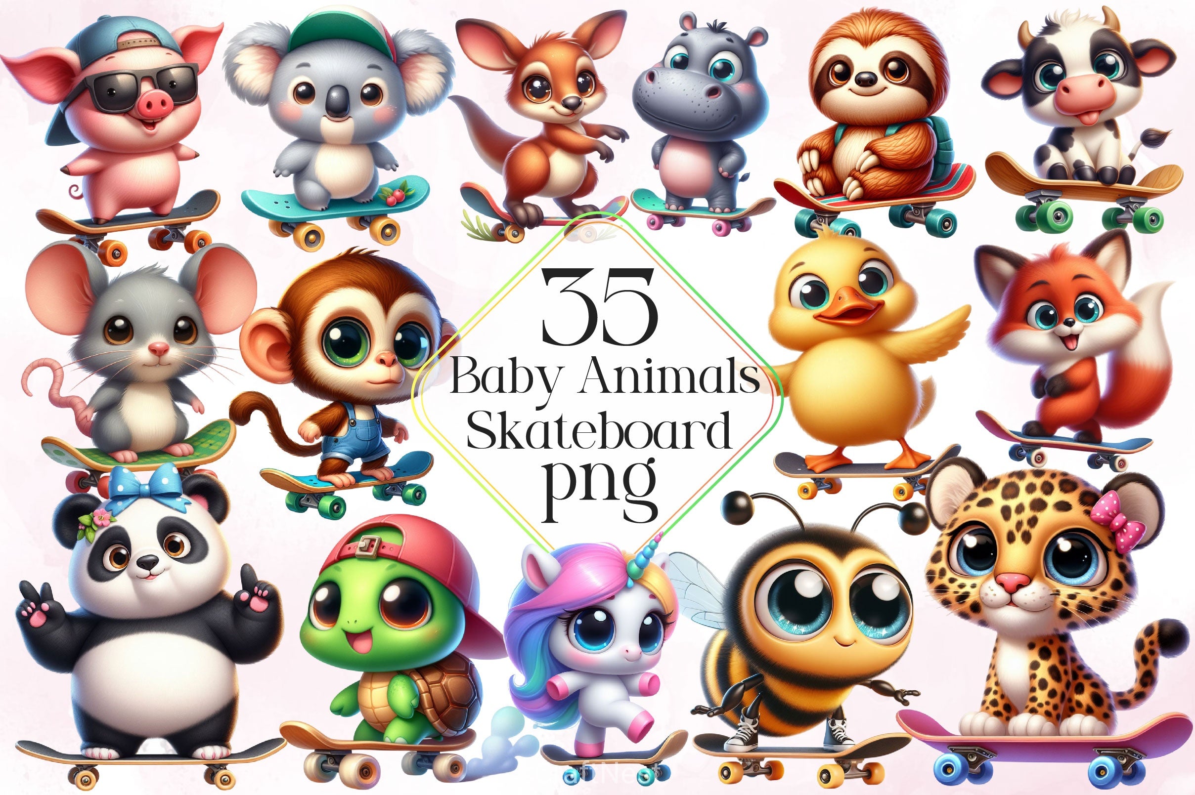 Cute Baby Animals Skateboard Clipart Bundle - CraftNest - Digital Crafting and Art