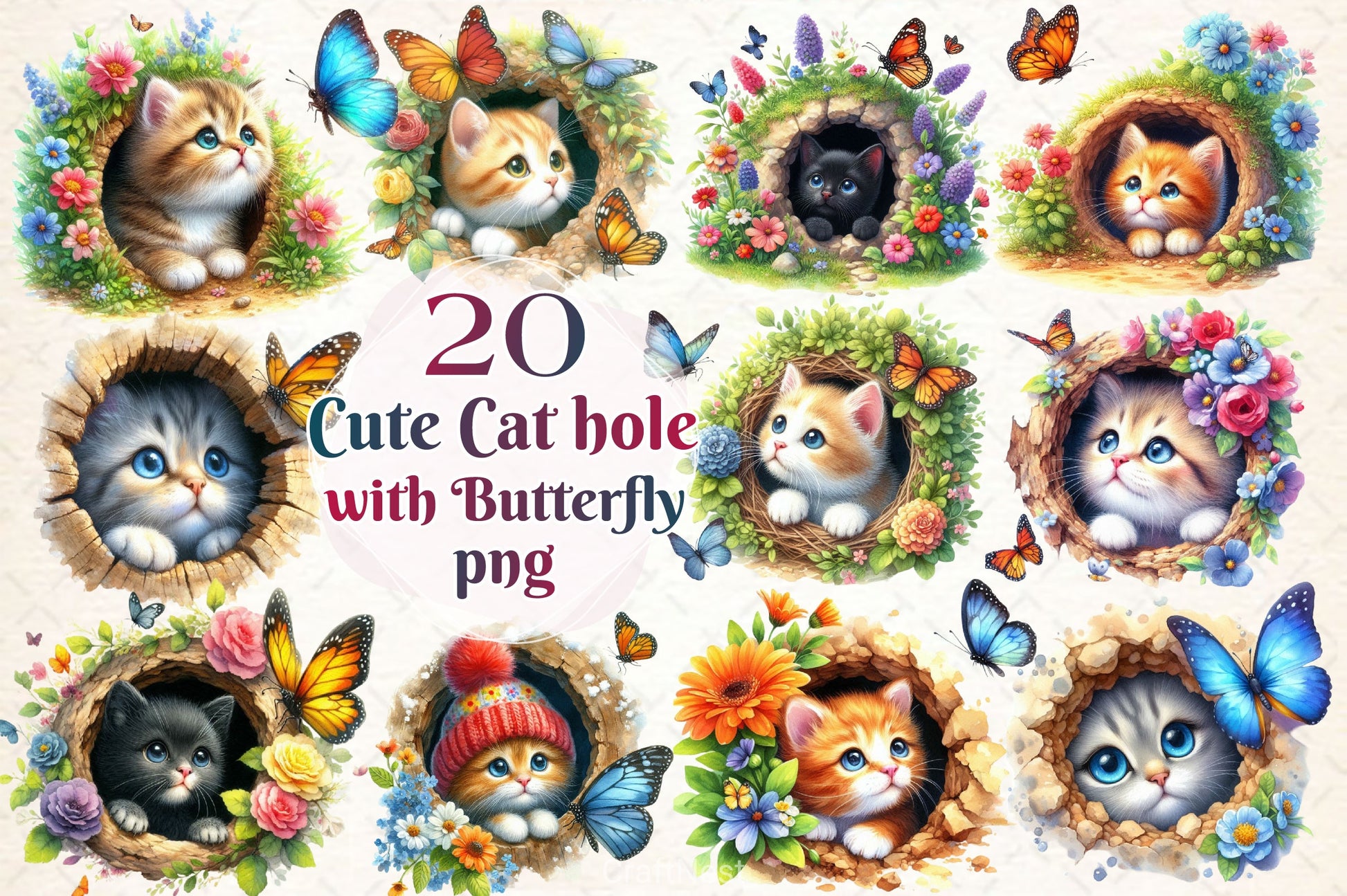 Peeking Cute Cat Hole With Butterflies Clipart Bundle - CraftNest - Digital Crafting and Art