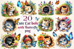 Peeking Cute Cat Hole With Butterflies Clipart Bundle - CraftNest - Digital Crafting and Art