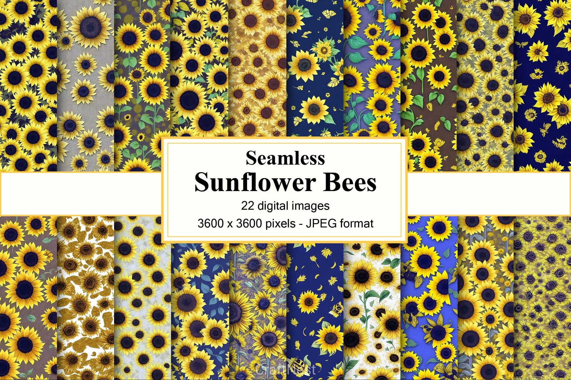 Sunflower Bees Digital Paper - CraftNest - Digital Crafting and Art