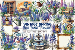 Vintage Blue Bonnet Flowers Clipart Bundle - CraftNest - Digital Crafting and Art