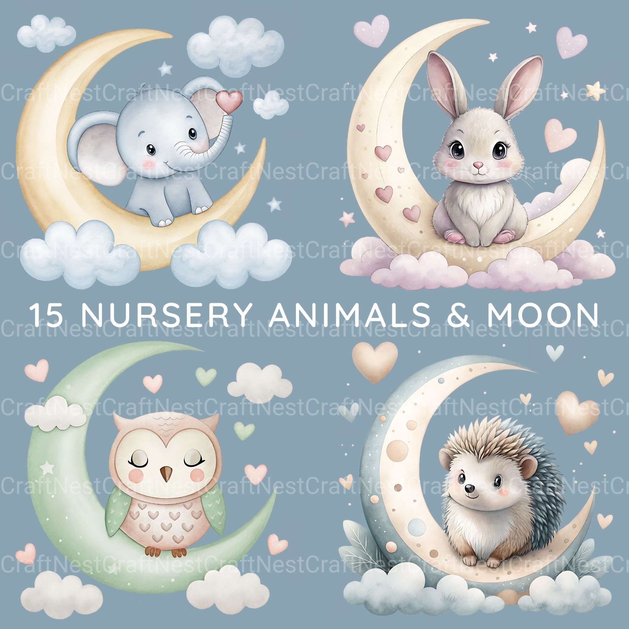 Nursery Animals Crescent Moon Clipart Bundle - CraftNest - Digital Crafting and Art