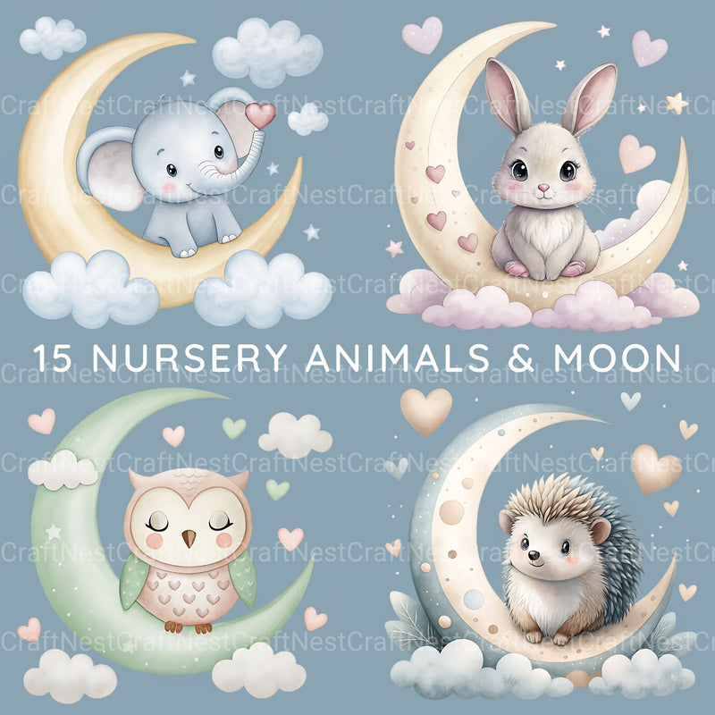 Nursery Animals Crescent Moon Clipart Bundle - CraftNest - Digital Crafting and Art