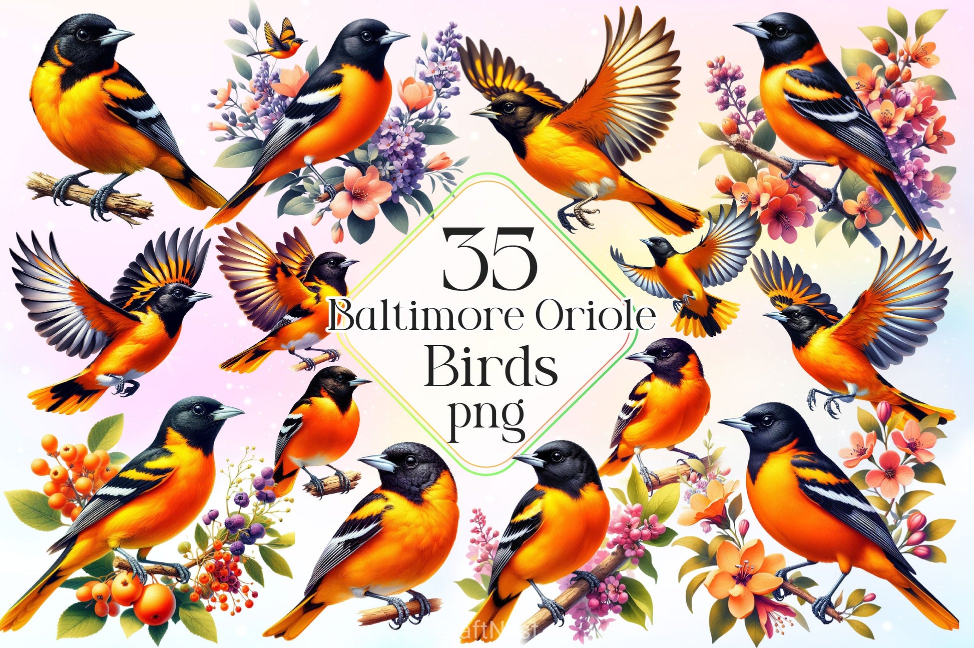 Baltimore Oriole Bird Clipart Bundle 5 - CraftNest - Digital Crafting and Art