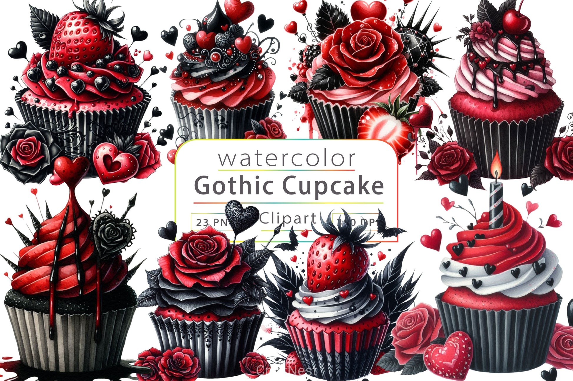 Valentine Gothic Cupcake Clipart Bundle - CraftNest - Digital Crafting and Art