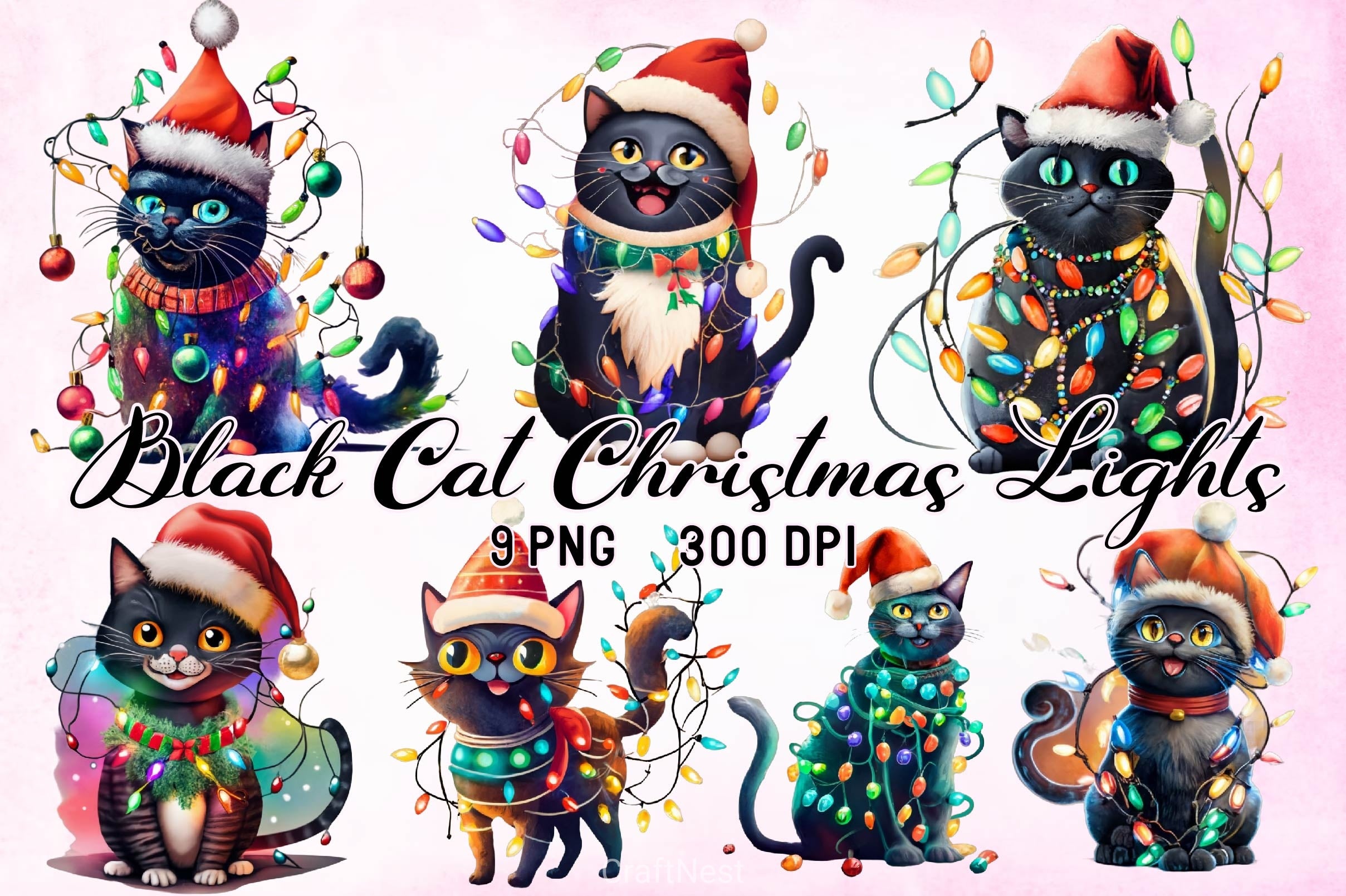 Black Cat Christmas Lights Clipart Bundle - CraftNest - Digital Crafting and Art