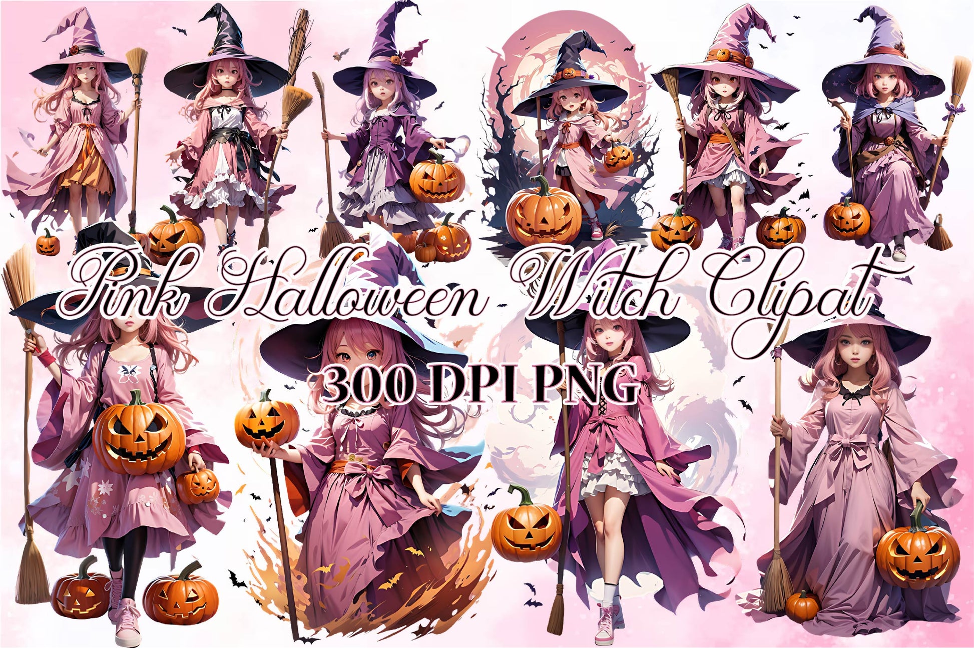 Pink Halloween Witch Clipart Bundle - CraftNest - Digital Crafting and Art
