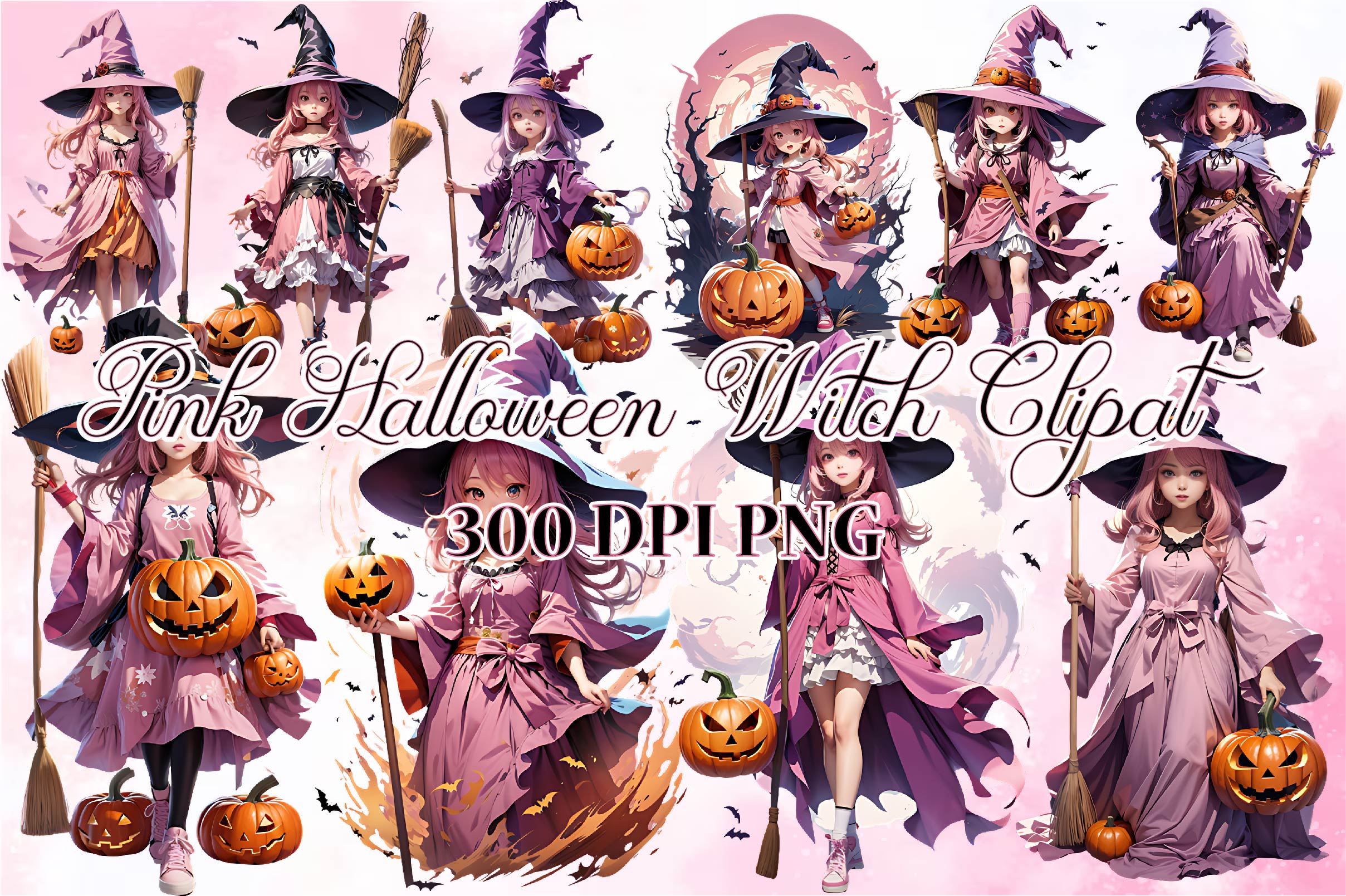 Pink Halloween Witch Clipart Bundle - CraftNest - Digital Crafting and Art