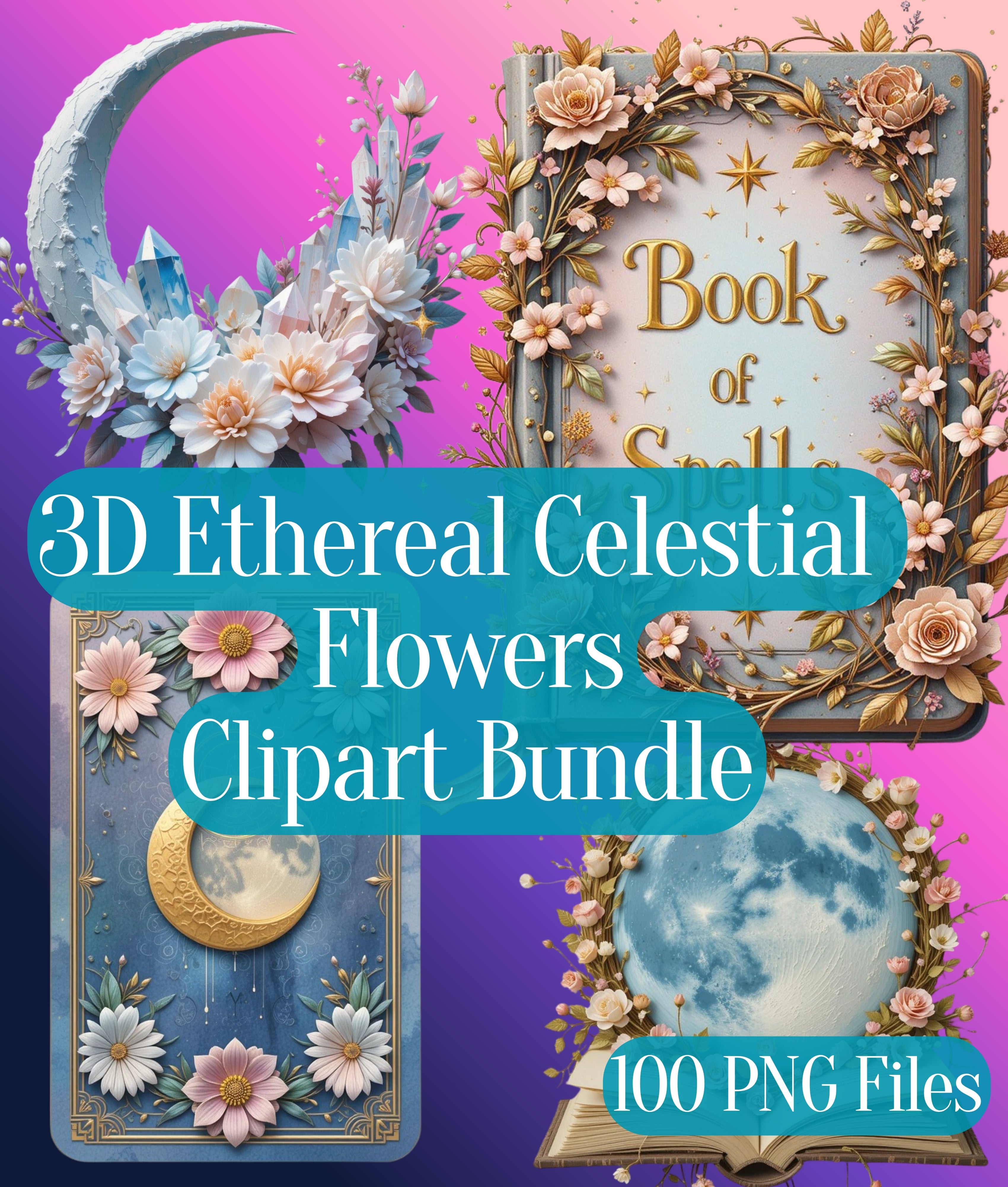 3D Ethereal Celestial Flowers Clipart Bundle