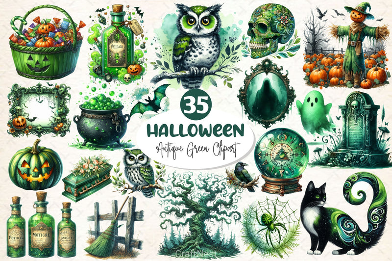 Antique Green Halloween Set Clipart Bundle 2 - CraftNest - Digital Crafting and Art