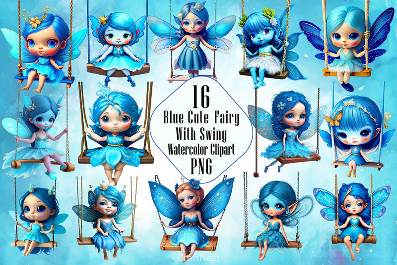 Blue Cute Fairy With Swing Clipart Bundle - CraftNest - Digital Crafting and Art