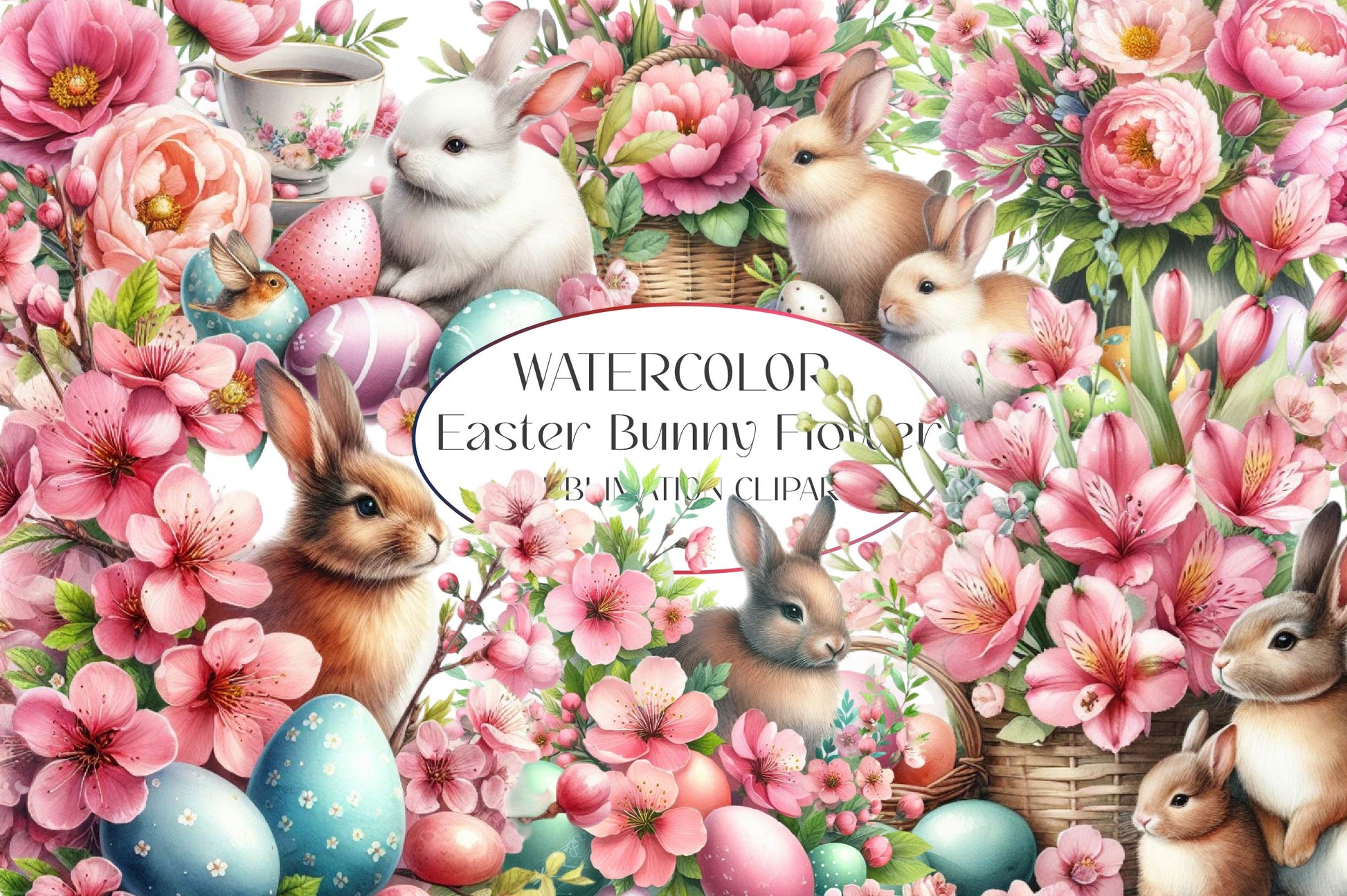 Vintage Easter Bunny Flower Clipart Bundle - CraftNest - Digital Crafting and Art