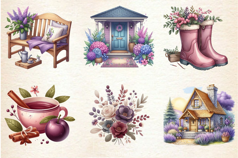 Purple Autumn Cottage Clipart Bundle - CraftNest - Digital Crafting and Art