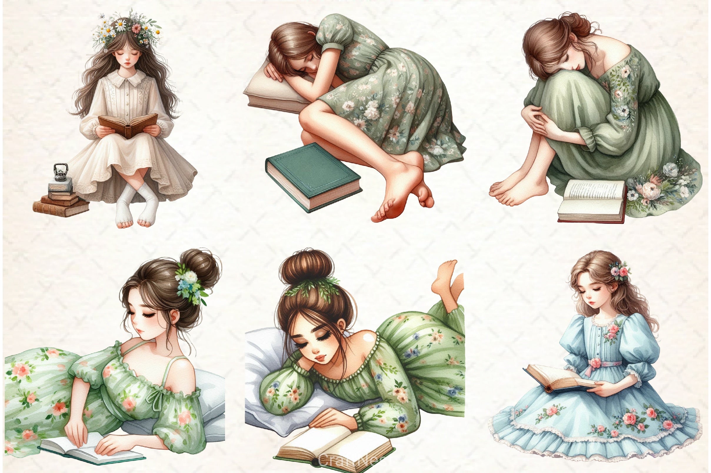 Floral Dress Girl Reading Clipart Bundle - CraftNest - Digital Crafting and Art