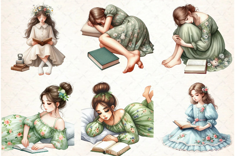 Floral Dress Girl Reading Clipart Bundle - CraftNest - Digital Crafting and Art
