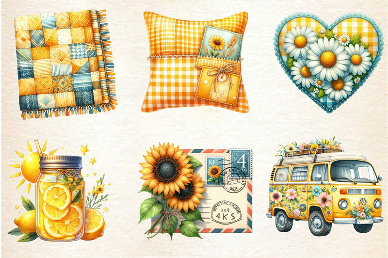 Yellow Patchwork Summer Clipart Bundle 3 - CraftNest - Digital Crafting and Art