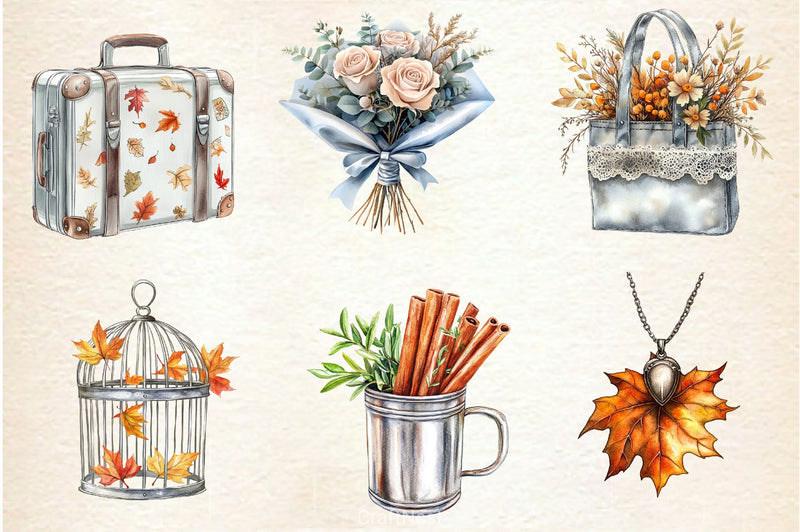Silver Vintage Aesthetic Autumn Clipart Bundle 2 - CraftNest - Digital Crafting and Art