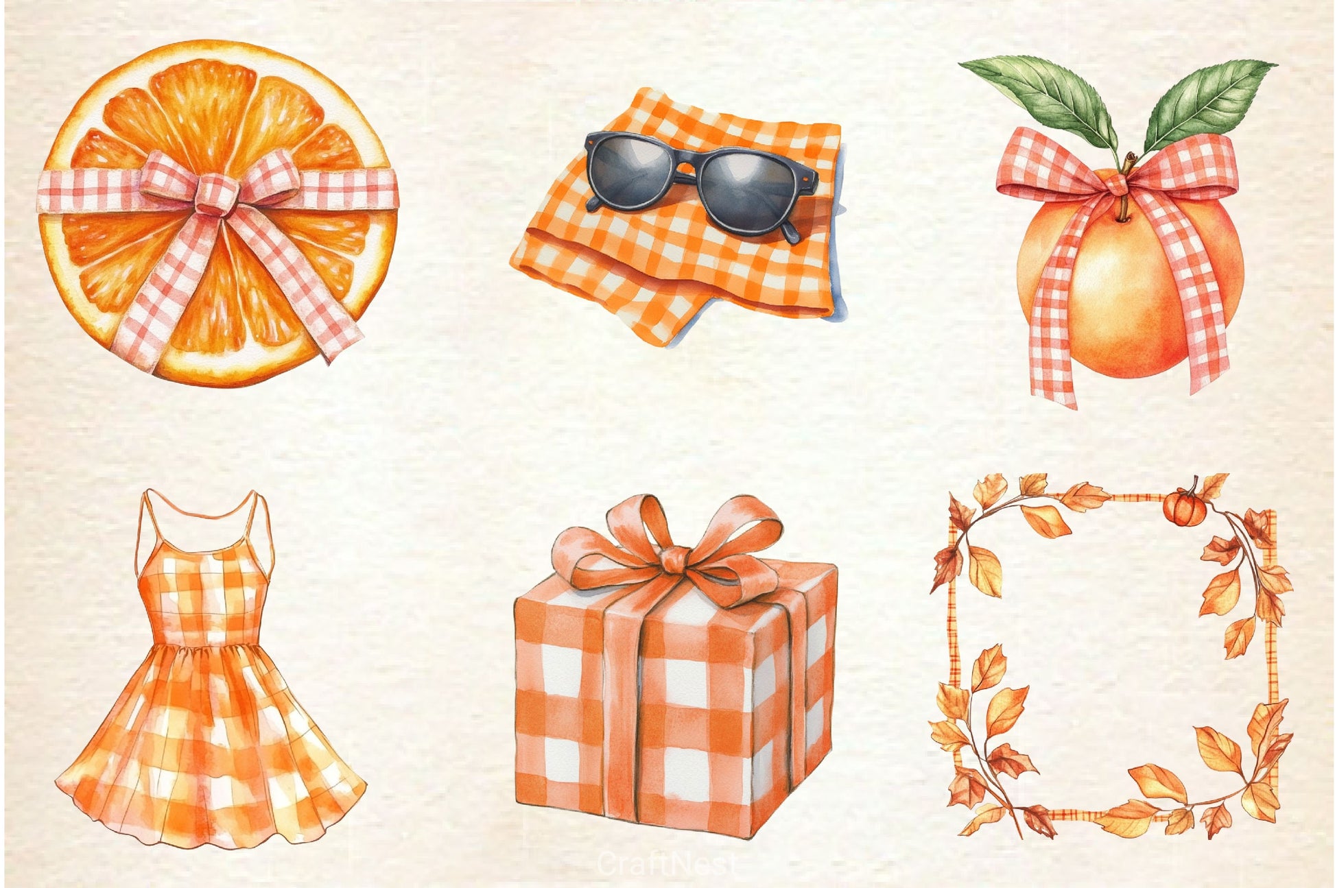 Orange Gingham Summer Clipart Bundle - CraftNest - Digital Crafting and Art