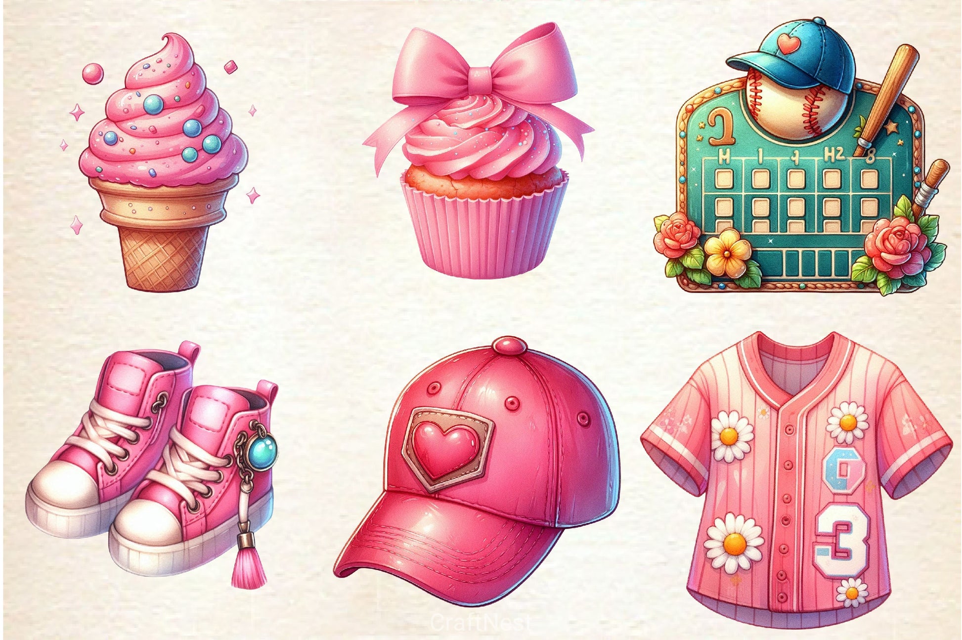 Retro Girly Baseball Clipart Bundle 2 - CraftNest - Digital Crafting and Art