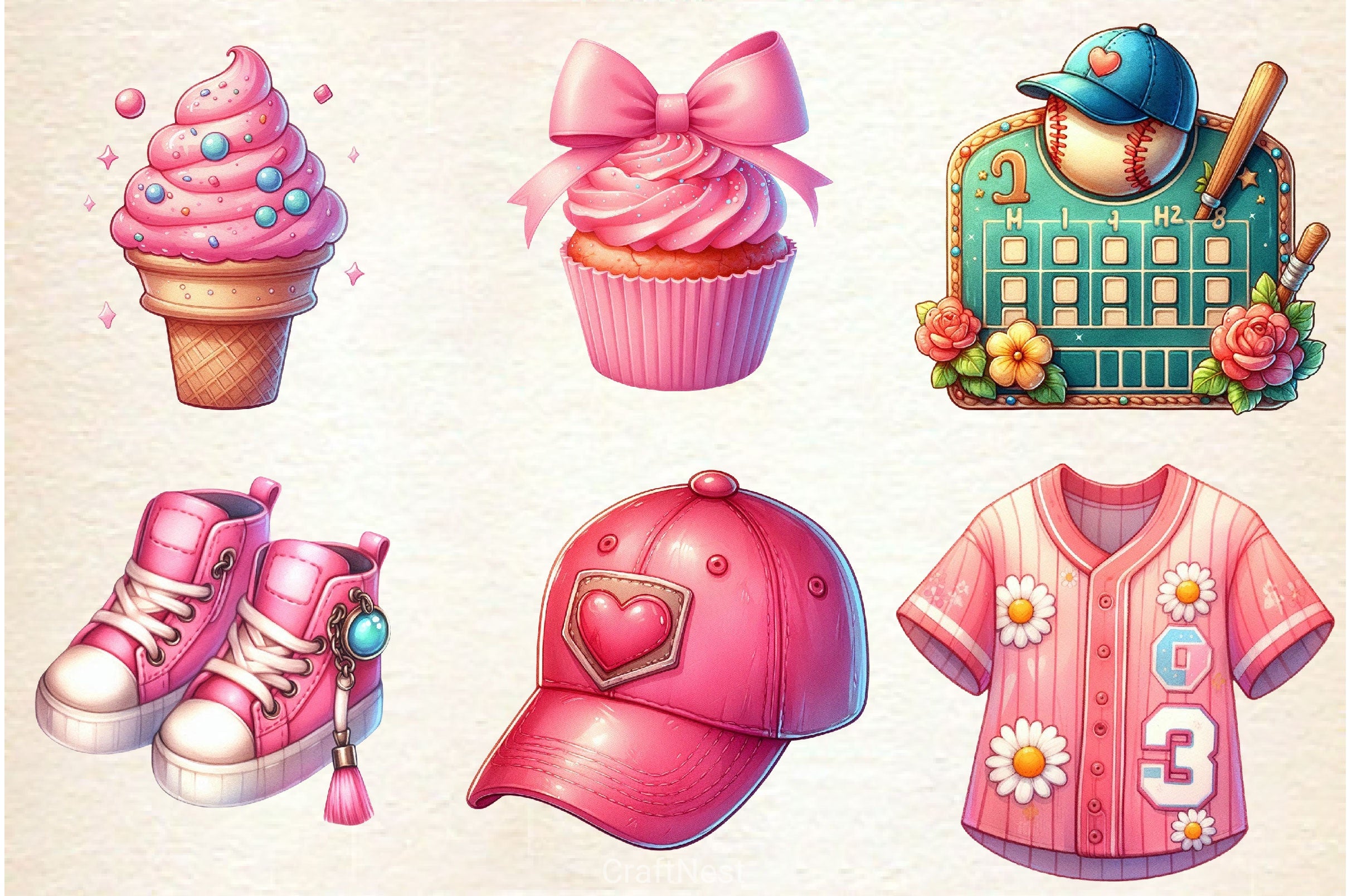 Retro Girly Baseball Clipart Bundle 2 - CraftNest - Digital Crafting and Art