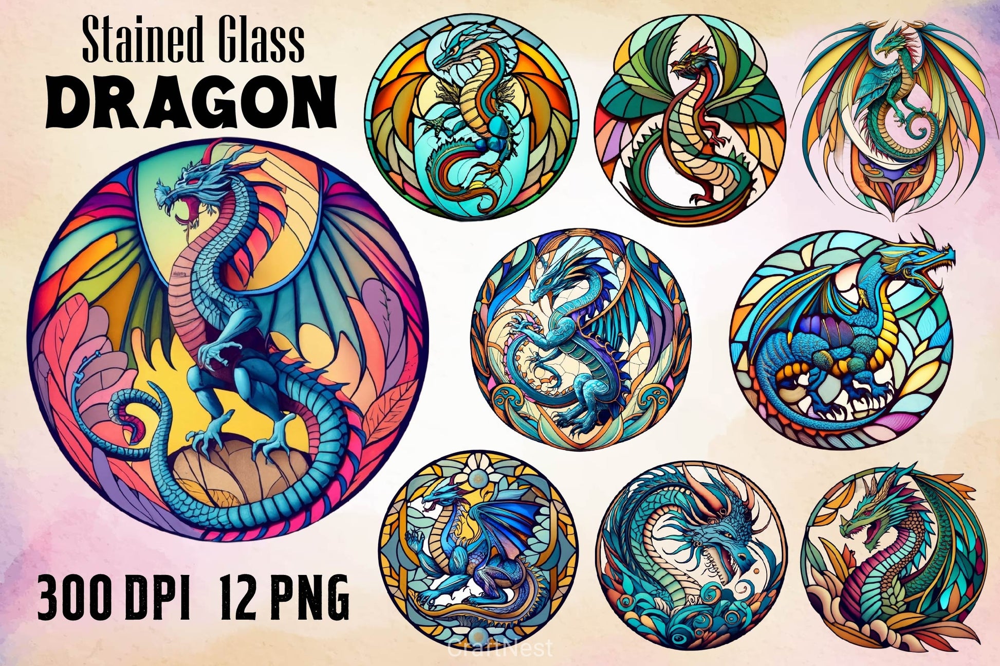 Stained Round Glass Dragon Clipart Bundle - CraftNest - Digital Crafting and Art