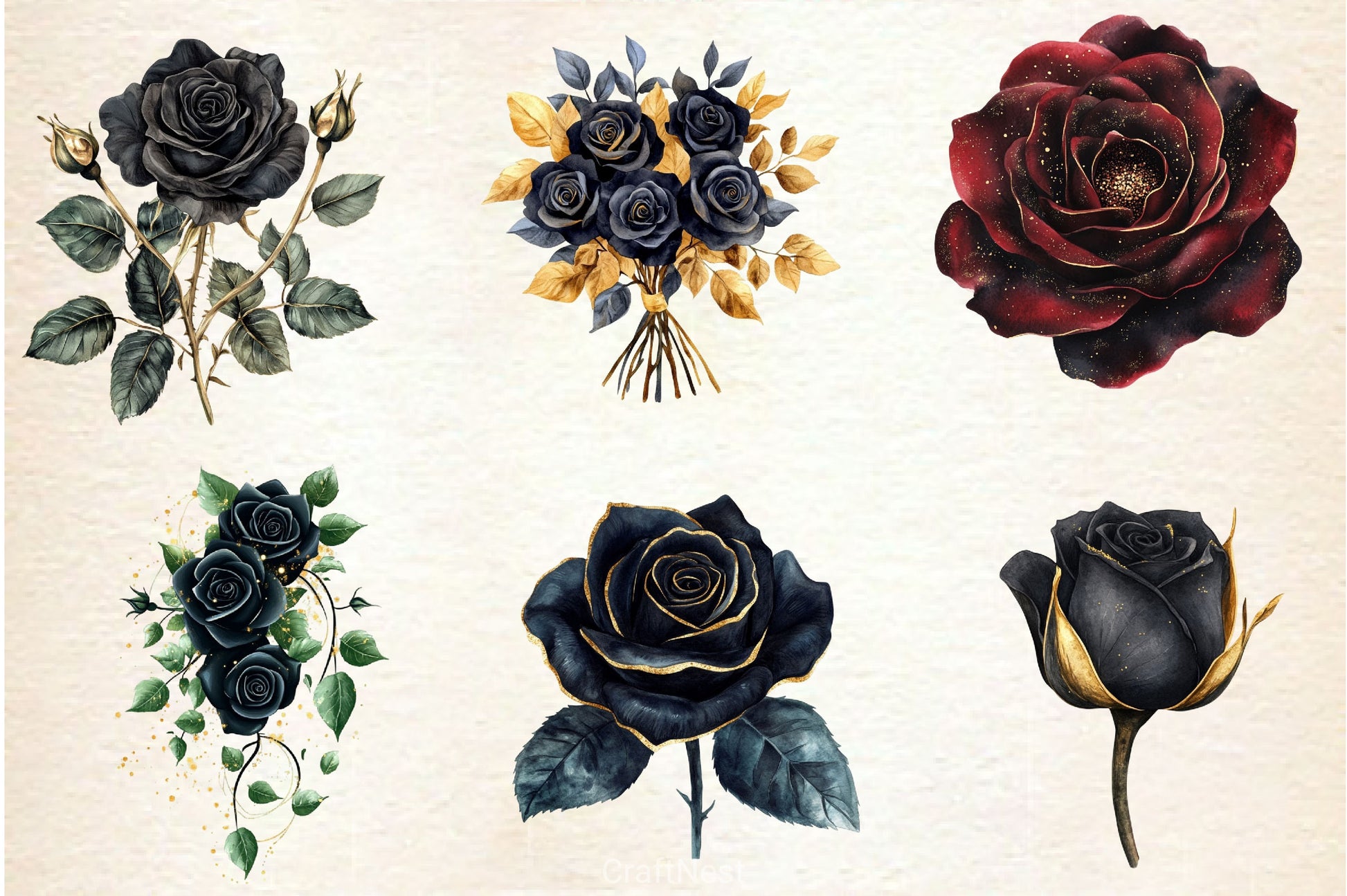 Black And Gold Glam Roses Clipart Bundle - CraftNest - Digital Crafting and Art