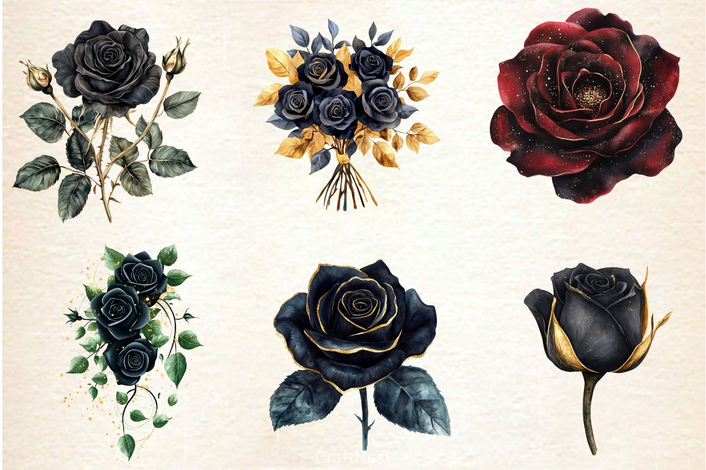 Black And Gold Glam Roses Clipart Bundle - CraftNest - Digital Crafting and Art
