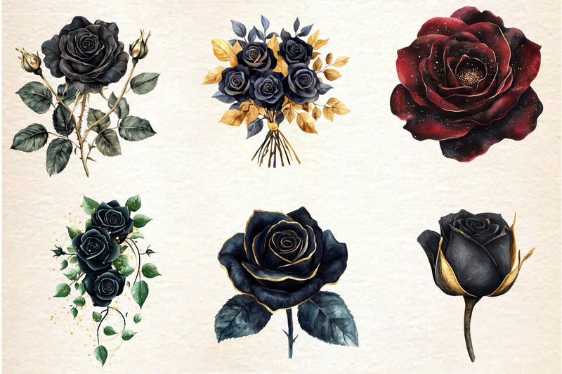 Black And Gold Glam Roses Clipart Bundle - CraftNest - Digital Crafting and Art