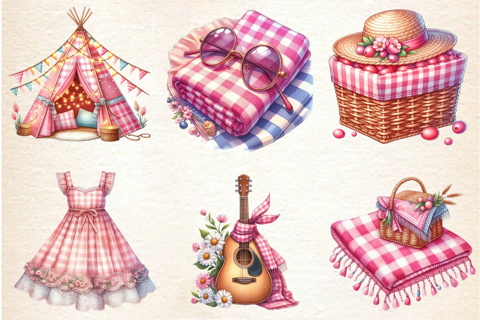 Bohemian Pink Gingham Summer Clipart Bundle 2 - CraftNest - Digital Crafting and Art