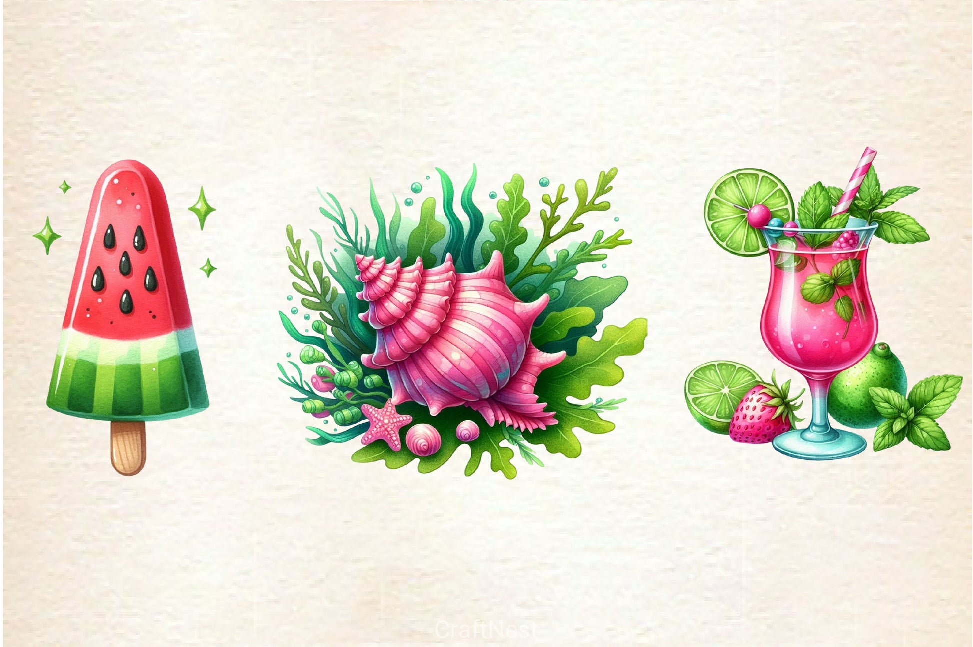 Green & Pink Summer Clipart Bundle 4 - CraftNest - Digital Crafting and Art