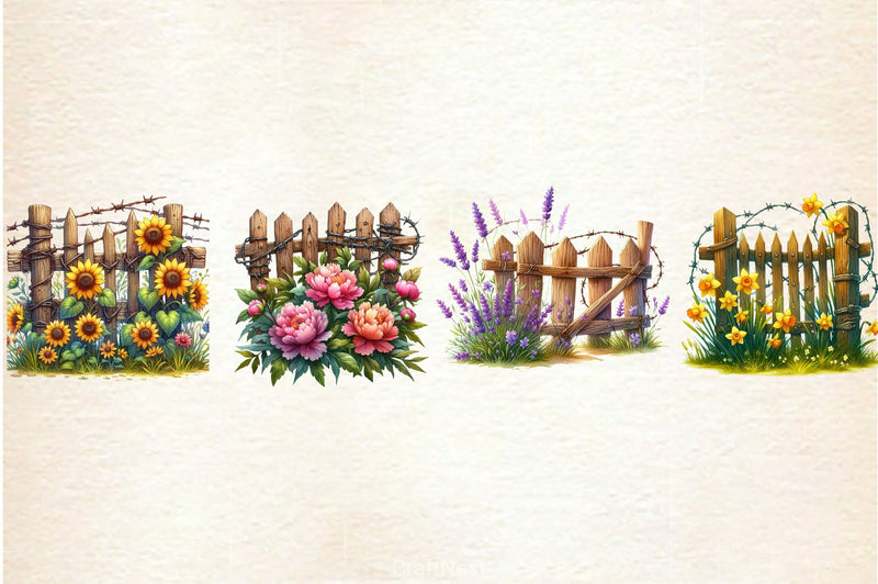 Rustic Fence With Flowers Clipart Bundle - CraftNest - Digital Crafting and Art