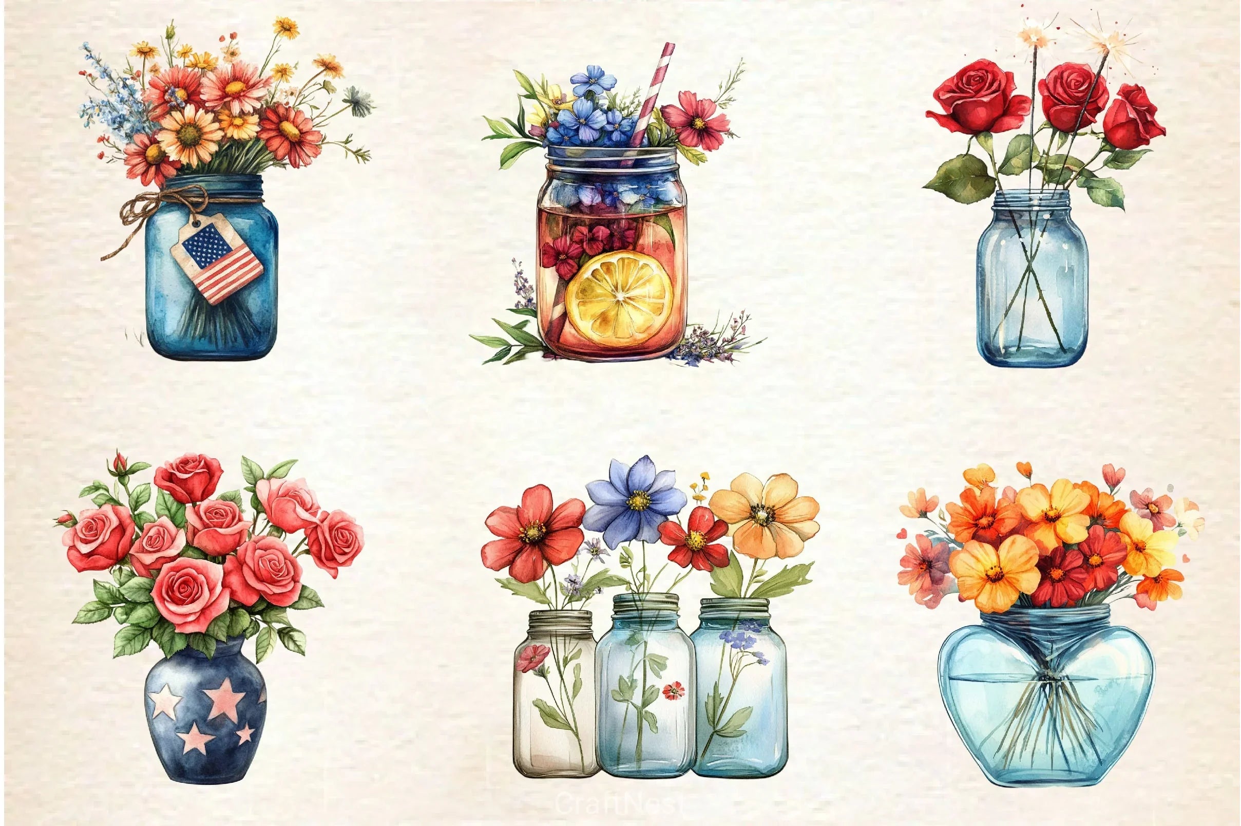 Flowers In Jar 4th Of July Clipart Bundle - CraftNest - Digital Crafting and Art